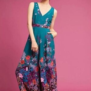 Anthropologie Maeve Andalusia Teal Floral Pattern jumpsuit Size 0